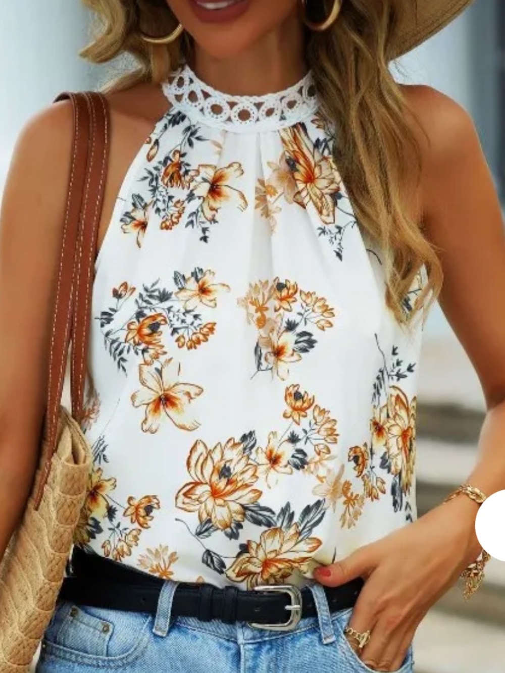 SHEIN White Floral Halter Tank with Lace Neckline 7